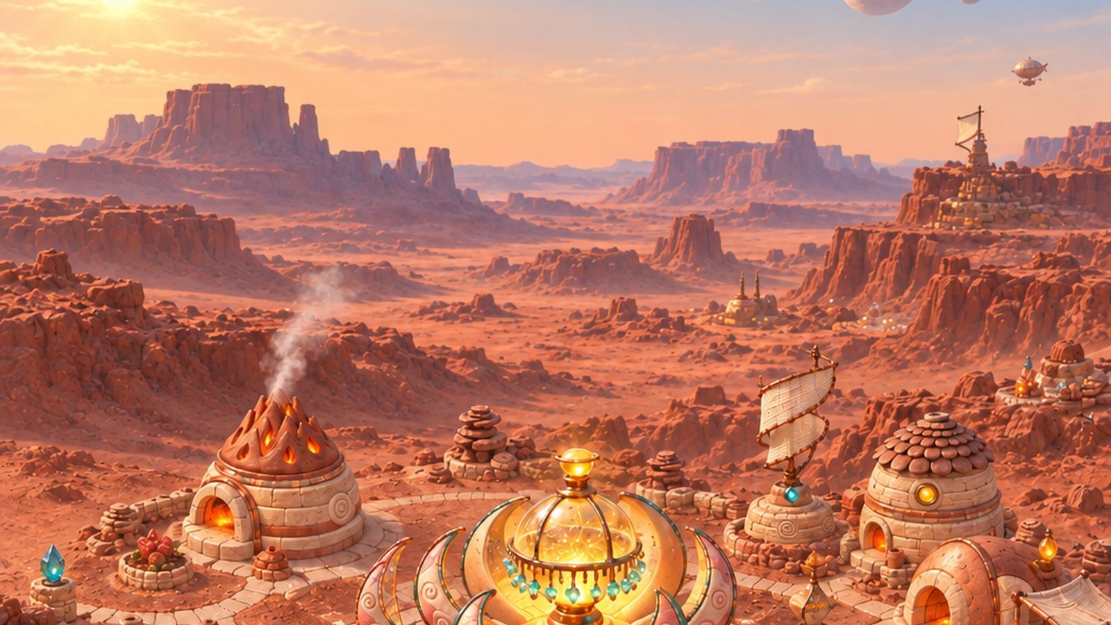 A blooming farm settlement on Mars at sunrise